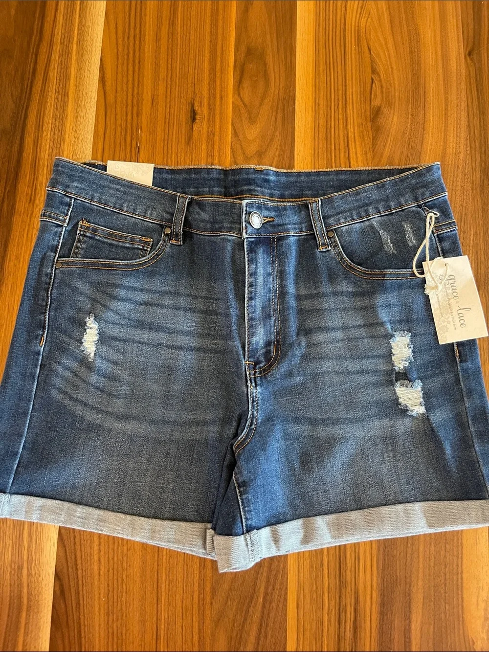 NWT 2 Pair of Grace & Lace Dark Blue Denim Shorts - Size 14